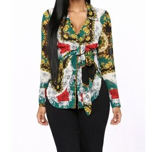 Penelope Project Baroque Scarf Print Wrap Top Green Red Rose Chain Link NWT L